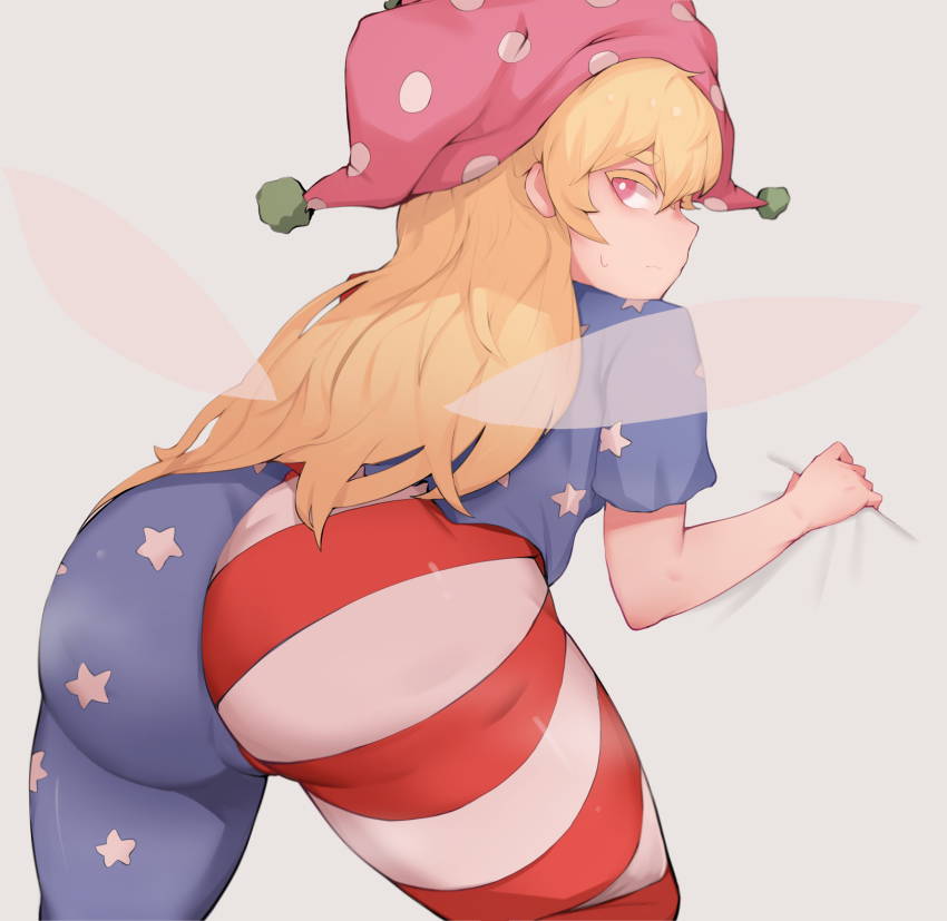 1girl american_flag_dress american_flag_legwear ass ass_focus blonde_hair clownpiece cropped_legs fairy_wings from_behind hat highres jester_cap long_hair pantyhose pantylines polka_dot simple_background solo soya6479 star_(symbol) star_print striped touhou white_background wings