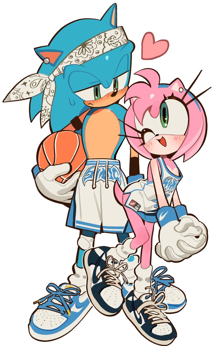 1boy 1girl absurdres amy_rose animal_nose ball bandana basketball basketball_uniform black_footwear blue_footwear blue_fur blue_hairband blush ear_piercing eye_contact flustered gloves graffiti graffiti_print green_eyes hairband half-closed_eyes hedgehog_boy hedgehog_ears hedgehog_girl hedgehog_tail height_difference highres holding holding_ball knee_pads kosherea leg_up long_eyelashes looking_at_another one_eye_closed own_hands_clasped own_hands_together piercing pink_fur shirt shoes short_hair shorts sleeveless sleeveless_shirt sneakers socks sonic_(series) sonic_the_hedgehog sportswear standing standing_on_one_leg tank_top topless_male white_gloves white_socks white_tank_top