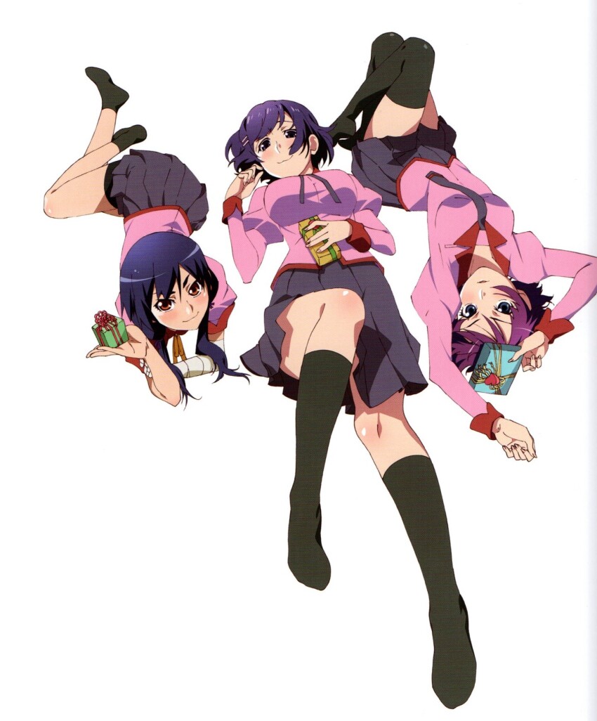 3girls :3 arms_up bandaged_arm bandages bike_shorts black_shorts black_socks black_thighhighs blue_eyes blue_hair blush breasts brown_eyes closed_mouth crossed_legs eyelashes full_body gift grey_eyes hair_ornament hairclip hand_up hanekawa_tsubasa highres holding holding_gift impossible_clothes impossible_shirt juliet_sleeves kanbaru_suruga knee_up knees_up large_breasts legs long_hair long_sleeves looking_at_viewer lying medium_breasts medium_hair monogatari_(series) multiple_girls naoetsu_high_school_uniform no_shoes non-web_source official_alternate_costume on_back on_ground on_stomach parted_lips pink_shirt pleated_skirt puffy_sleeves purple_hair purple_skirt scan scan_artifacts school_uniform senjougahara_hitagi shirt short_hair shorts shorts_under_skirt simple_background skirt smile socks thighhighs thighs watanabe_akio white_background