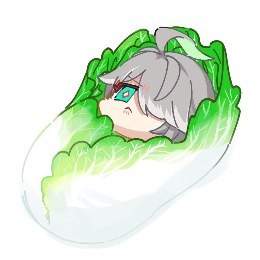 1boy :&lt; ahoge alhaitham_(genshin_impact) cabbage cabbage_swaddle chibi closed_mouth commentary_request food frown genshin_impact green_eyes green_hair grey_hair hair_over_one_eye highres male_focus multicolored_hair napa_cabbage one_eye_covered parted_bangs short_hair sidelocks simple_background solo swept_bangs v-shaped_eyebrows very_hato white_background