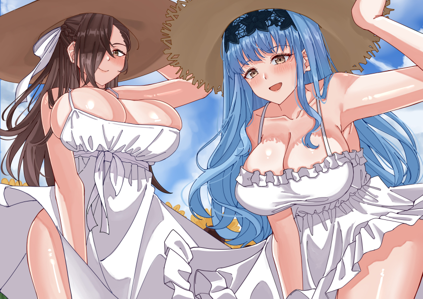 2girls absurdres alternate_costume blue_hair breasts brown_eyes brown_hair cleavage dress field fire_emblem fire_emblem:_three_houses fire_emblem_fates flower flower_field hair_over_one_eye hat highres kagero_(fire_emblem) looking_at_viewer marianne_von_edmund multiple_girls nintendo outdoors rynn_(darknescorez) straw_hat sunflower sunflower_field white_dress wind