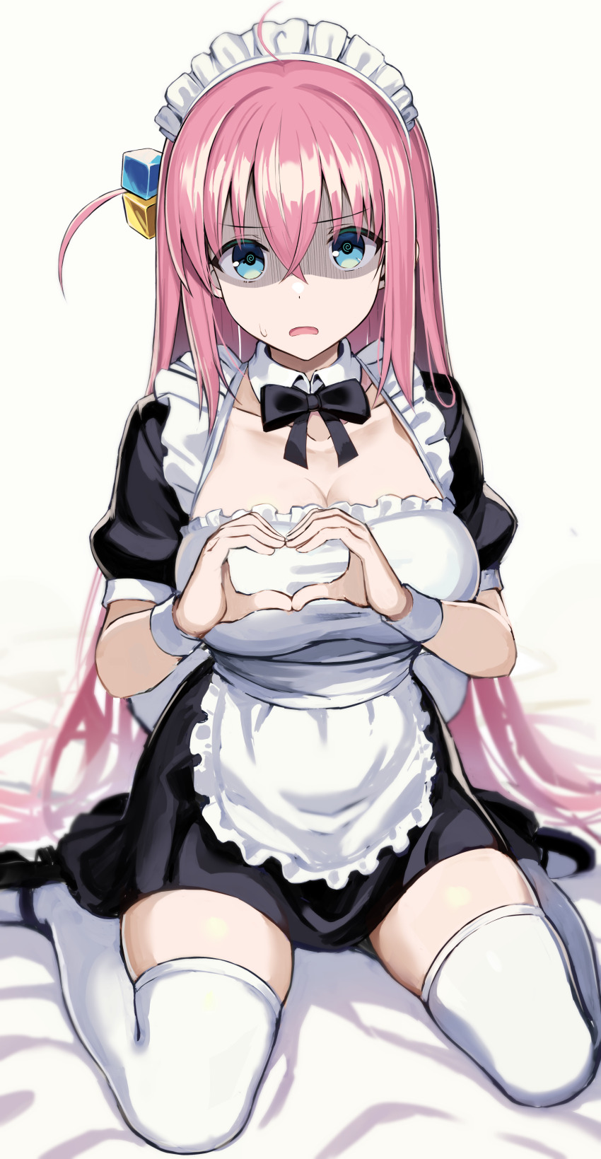 1girl @_@ absurdres alternate_costume apron black_dress blue_eyes bocchi_the_rock! breasts cleavage dress enmaided frilled_dress frills frown gotoh_hitori greatmosu heart heart_hands highres large_breasts maid maid_apron maid_headdress open_mouth pink_hair shaded_face sitting solo thighhighs thighs wariza white_thighhighs zettai_ryouiki