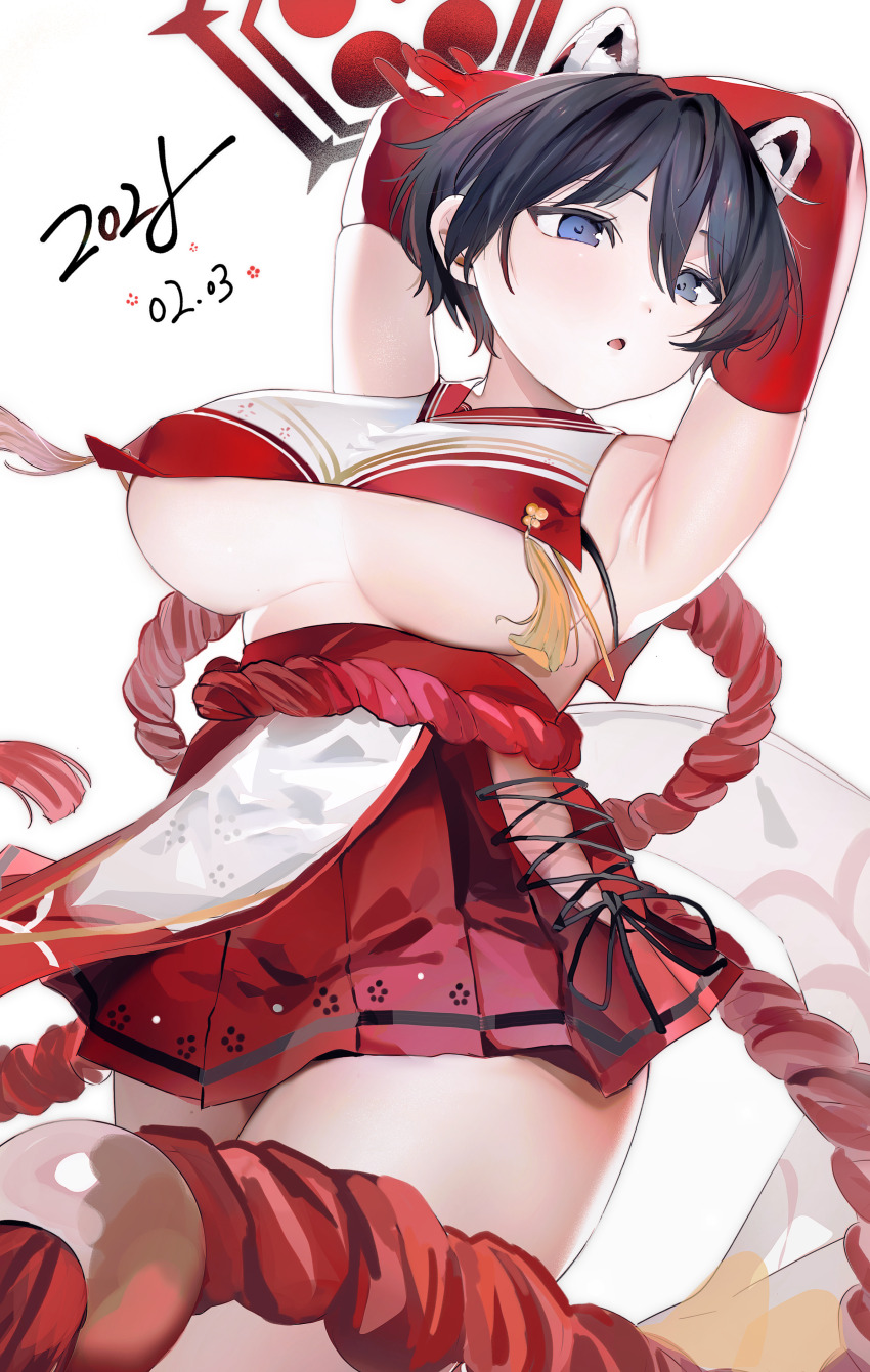 1girl absurdres anhyo animal_ears armpit_crease armpits arms_up black_hair blue_archive breast_curtain breasts clothing_cutout cross-laced_clothes dated elbow_gloves extra_ears gloves halo highres large_breasts raccoon_ears raccoon_girl red_gloves red_halo red_sailor_collar red_skirt revealing_clothes rope rope_belt sailor_collar shimenawa short_hair side_cutout sideless_outfit skirt tsubaki_(blue_archive) underboob white_background