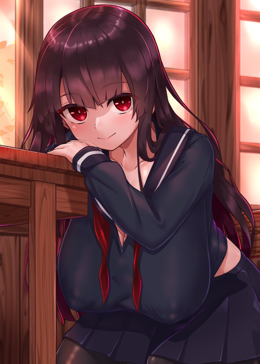 1girl black_hair black_serafuku black_thighhighs breasts chiroshiron classroom closed_mouth commission covered_erect_nipples highres huge_breasts leaning_forward long_hair long_sleeves looking_at_viewer midriff_peek miniskirt neckerchief original red_eyes red_neckerchief school_uniform serafuku sitting skeb_commission skirt solo sunset thighhighs