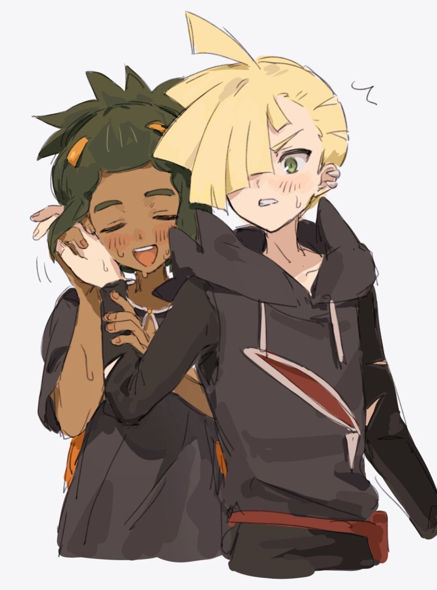 2boys backpack bag bangs_pinned_back black_shirt blush clenched_teeth closed_eyes creatures_(company) cropped_legs dark-skinned_male dark_skin ear_piercing fua1heyvot4ifsr game_freak gladion_(pokemon) green_hair hair_over_one_eye hand_on_another&#039;s_waist hand_to_head hau_(pokemon) highres holding_hands hood hood_down hooded_vest hoodie interlocked_fingers male_focus multiple_boys nintendo open_mouth orange_bag piercing pokemon pokemon_sm shirt short_sleeves sidelocks smile surprised sweat sweatdrop t-shirt teeth topknot torn_clothes torn_hoodie vest yaoi