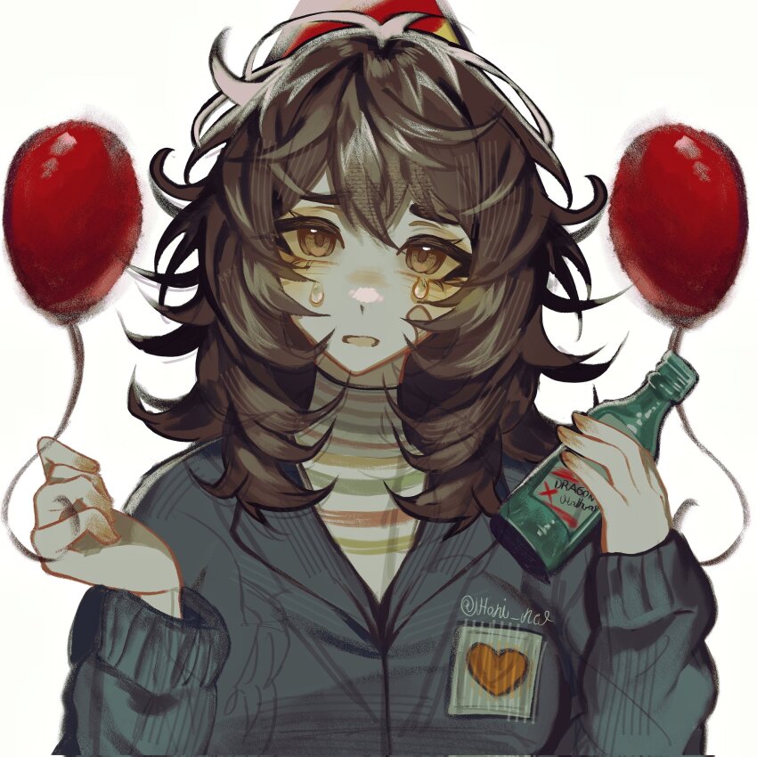 1girl anya_(mouthwashing) balloon black_eyes black_hair blue_jumpsuit brown_hair highres holding honi_net jumpsuit long_hair long_sleeves looking_at_viewer medium_hair mouthwashing open_mouth shirt simple_background solo striped_clothes tears white_background