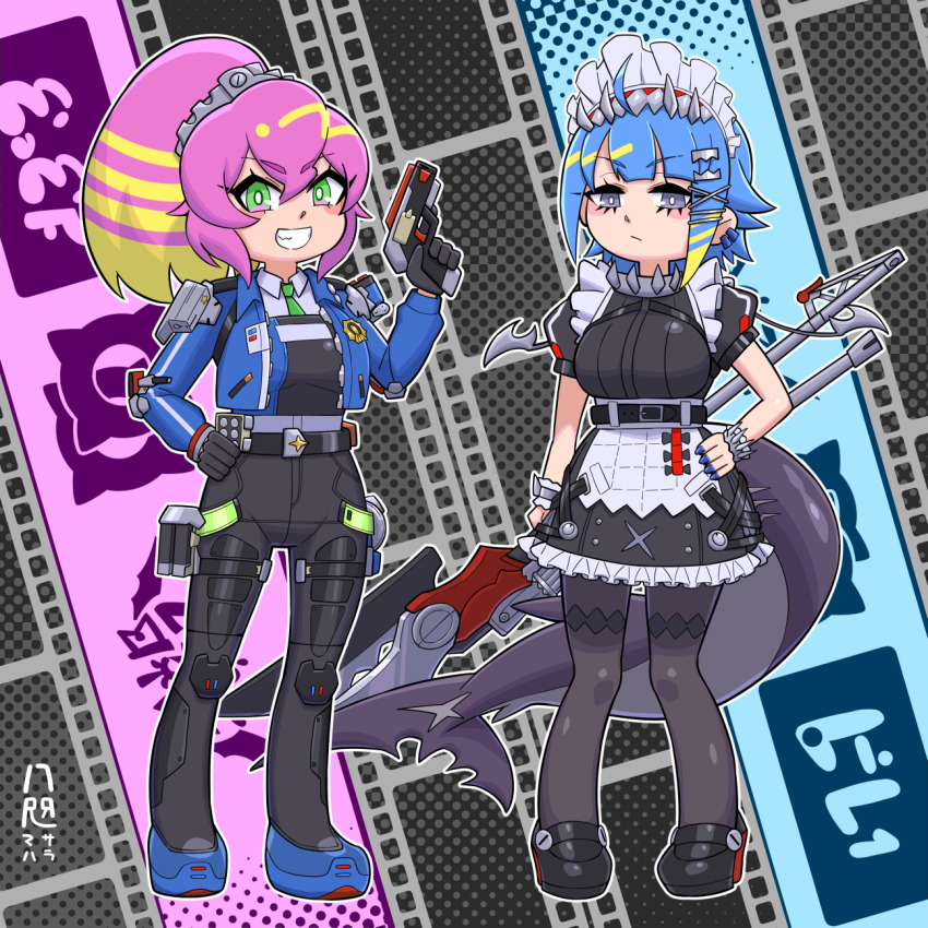 2girls ahoge alternate_costume belt black_belt black_gloves black_pants black_pantyhose black_shirt black_skirt black_vest blonde_hair blue_eyes blue_footwear blue_hair blue_jacket blue_nails blunt_bangs breasts collared_shirt commentary_request cosplay cropped_jacket duel_monster ear_piercing ellen_joe ellen_joe_(cosplay) enmaided fins fish_tail frown full_body gloves green_eyes green_necktie grin gun hair_between_eyes hair_ornament hairclip hand_on_own_hip high-waist_pants highres holding holding_gun holding_polearm holding_weapon holster jacket ki-sikil_(yu-gi-oh!) lil-la_(yu-gi-oh!) live_twin_ki-sikil live_twin_lil-la long_hair long_sleeves looking_at_viewer maid maid_headdress mary_janes medium_breasts metal_hairband multicolored_hair multiple_girls necktie open_clothes pants pantyhose piercing pink_hair polearm police police_badge police_uniform ponytail puffy_short_sleeves puffy_sleeves shark_tail shirt shoes short_hair short_sleeves shoulder_holster sidelocks signature skirt smile spiked_headband standing streaked_hair tail teeth tight_clothes tight_pants two-tone_hair vest weapon yata_masahara yu-gi-oh! zenless_zone_zero zhu_yuan zhu_yuan_(cosplay)