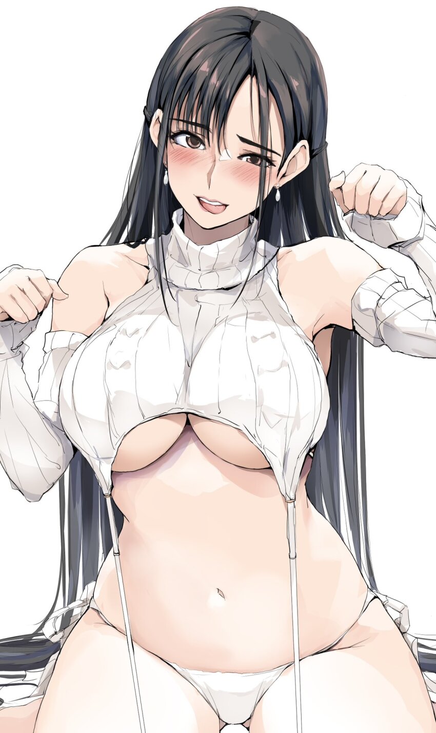 1girl black_hair blush breasts detached_sleeves earrings highres jewelry large_breasts long_hair looking_at_viewer meme_attire navel original panties solo underboob underwear virgin_destroyer_sweater white_background white_panties zekkyon