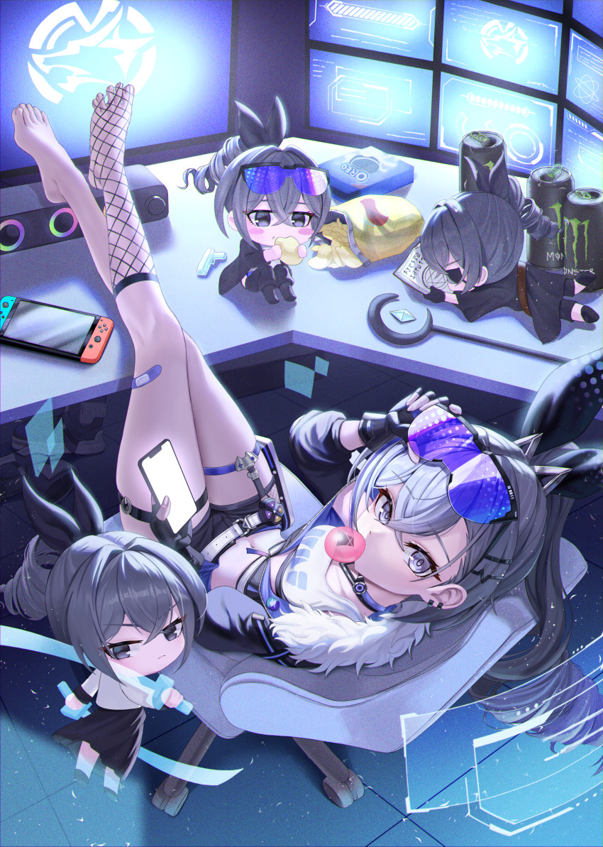 1girl absurdres barefoot black_shorts blowing_bubbles cellphone chair chibi computer crossed_bangs crossed_legs drill_hair drill_ponytail feet fingerless_gloves fishnet_socks fishnets from_above fur-trimmed_jacket fur_trim gaming_chair gloves goggles goggles_on_head grey_eyes grey_hair highres holding holding_phone holographic_interface honkai:_star_rail honkai_(series) jacket legs light_particles looking_at_viewer nintendo_switch no_shoes nyanbutter phone shirt shorts silver_wolf_(honkai:_star_rail) single-shoulder_shirt single_drill smartphone socks solo stomach swivel_chair tinted_eyewear toenails toes