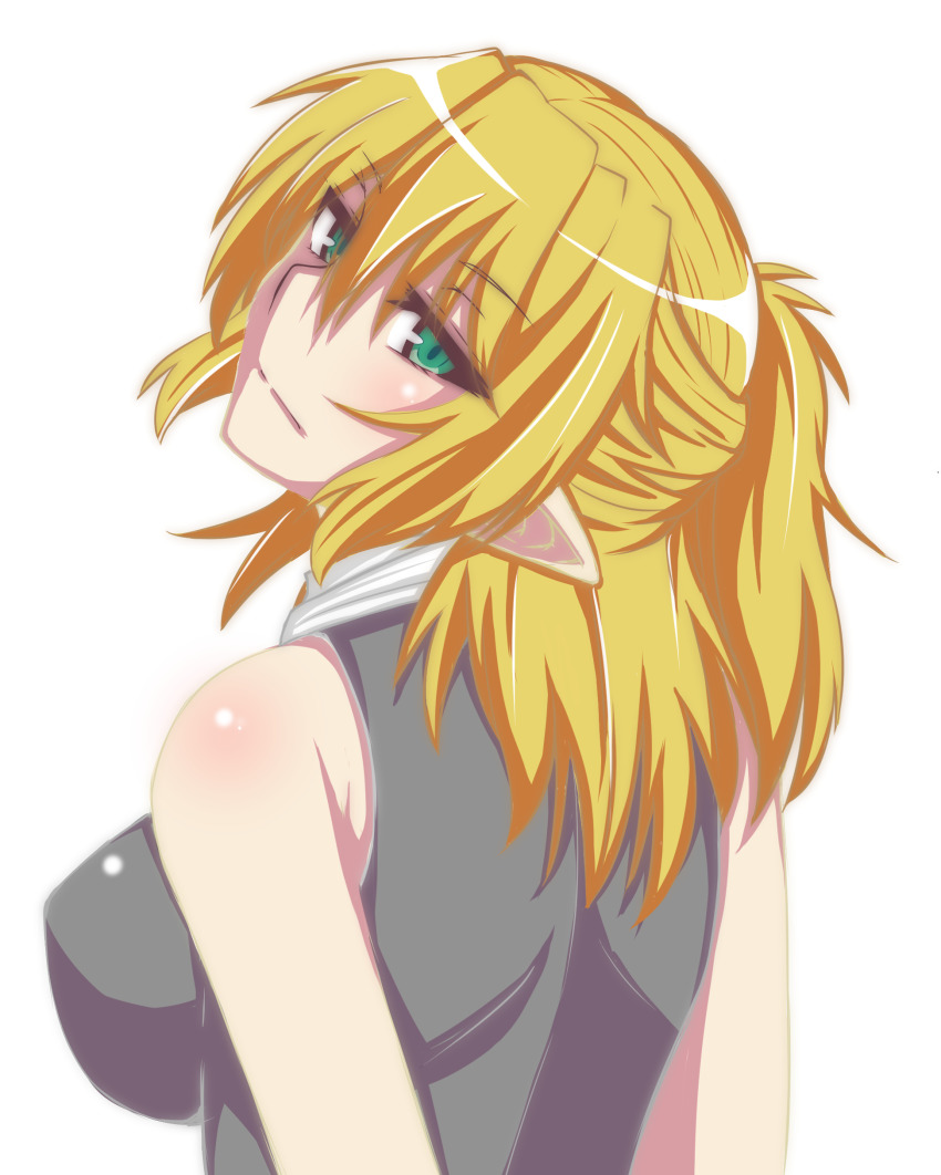 1girl absurdres black_shirt blonde_hair blush breasts closed_mouth commentary_request expressionless green_eyes hair_between_eyes half_updo highres large_breasts looking_at_viewer looking_down medium_hair mizuhashi_parsee pointy_ears scarf shaft_look shirt simple_background sleeveless sleeveless_shirt solo suirennka_(scar_of_mind) touhou upper_body white_background white_scarf