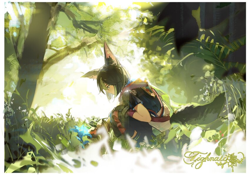 1boy animal_ear_fluff animal_ears black_hair forest fox_boy fox_ears fox_tail full_body genshin_impact green_eyes green_hair highres male_focus miliya multicolored_hair nature outdoors short_hair solo squatting streaked_hair sunlight tail tighnari_(genshin_impact) tree