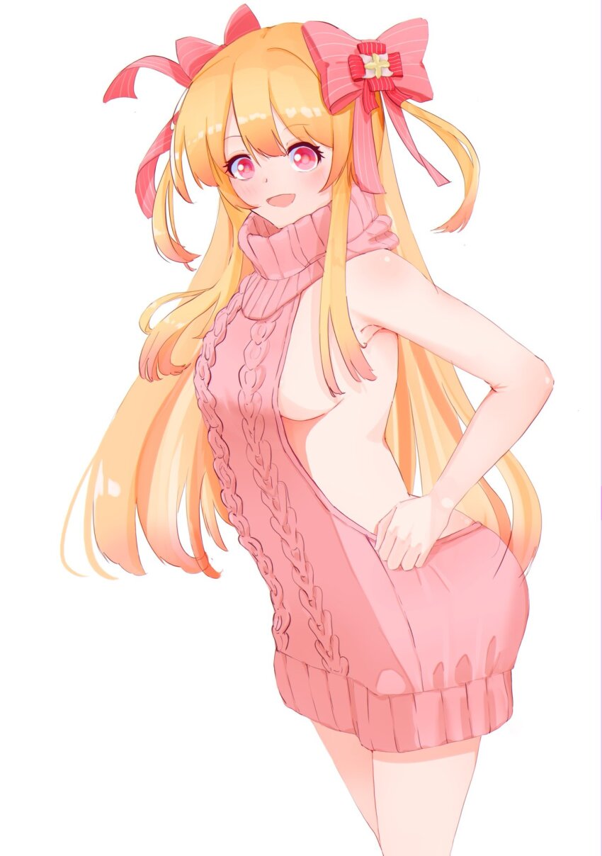 1girl aged_up alternate_costume blonde_hair blush breasts chaos_marie_(grimms_notes) grimms_notes highres long_hair medium_breasts meme_attire nagyo_9674 pink_eyes pink_sweater sideboob simple_background smile solo sweater virgin_killer_sweater white_background