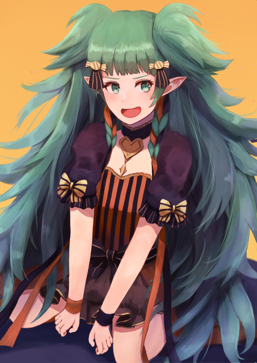 1girl :d aqua_eyes aqua_hair black_choker bow brown_skirt candy_hair_ornament choker fire_emblem fire_emblem:_three_houses fire_emblem_heroes food-themed_hair_ornament frilled_choker frills gradient_background hair_ornament halloween heart highres labebebe_lee long_hair miniskirt nintendo open_mouth orange_background orange_wristband pointy_ears purple_wristband shirt sitting skirt sleeve_bow smile solo sothis_(fire_emblem) striped_bow striped_clothes striped_shirt twintails vertical-striped_clothes vertical-striped_shirt very_long_hair wristband yellow_bow