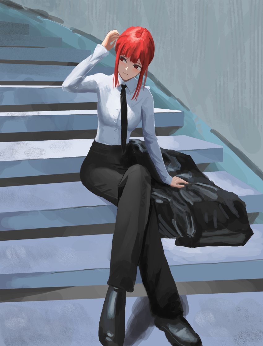 1girl absurdres black_footwear black_necktie black_pants chainsaw_man closed_mouth collared_shirt crossed_legs dress_shoes formal_clothes hand_up highres kowasu1 makima_(chainsaw_man) necktie pant_suit pants red_eyes red_hair shirt sidelocks sitting solo stairs suit white_shirt