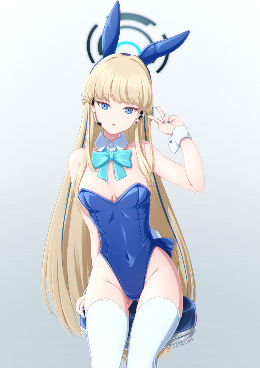 1girl animal_ears aqua_bow aqua_bowtie bar_stool blonde_hair blue_archive blue_eyes blue_hairband blue_leotard blue_nails bow bowtie braid breasts covered_navel detached_collar earpiece fake_animal_ears fake_tail gradient_background hairband half_up_braid halo highleg highleg_leotard highres kama_iruka leotard long_hair looking_at_viewer medium_breasts official_alternate_costume playboy_bunny rabbit_ears rabbit_tail sitting solo stool strapless strapless_leotard tail thighhighs toki_(blue_archive) toki_(bunny)_(blue_archive) v very_long_hair white_thighhighs white_wrist_cuffs wrist_cuffs