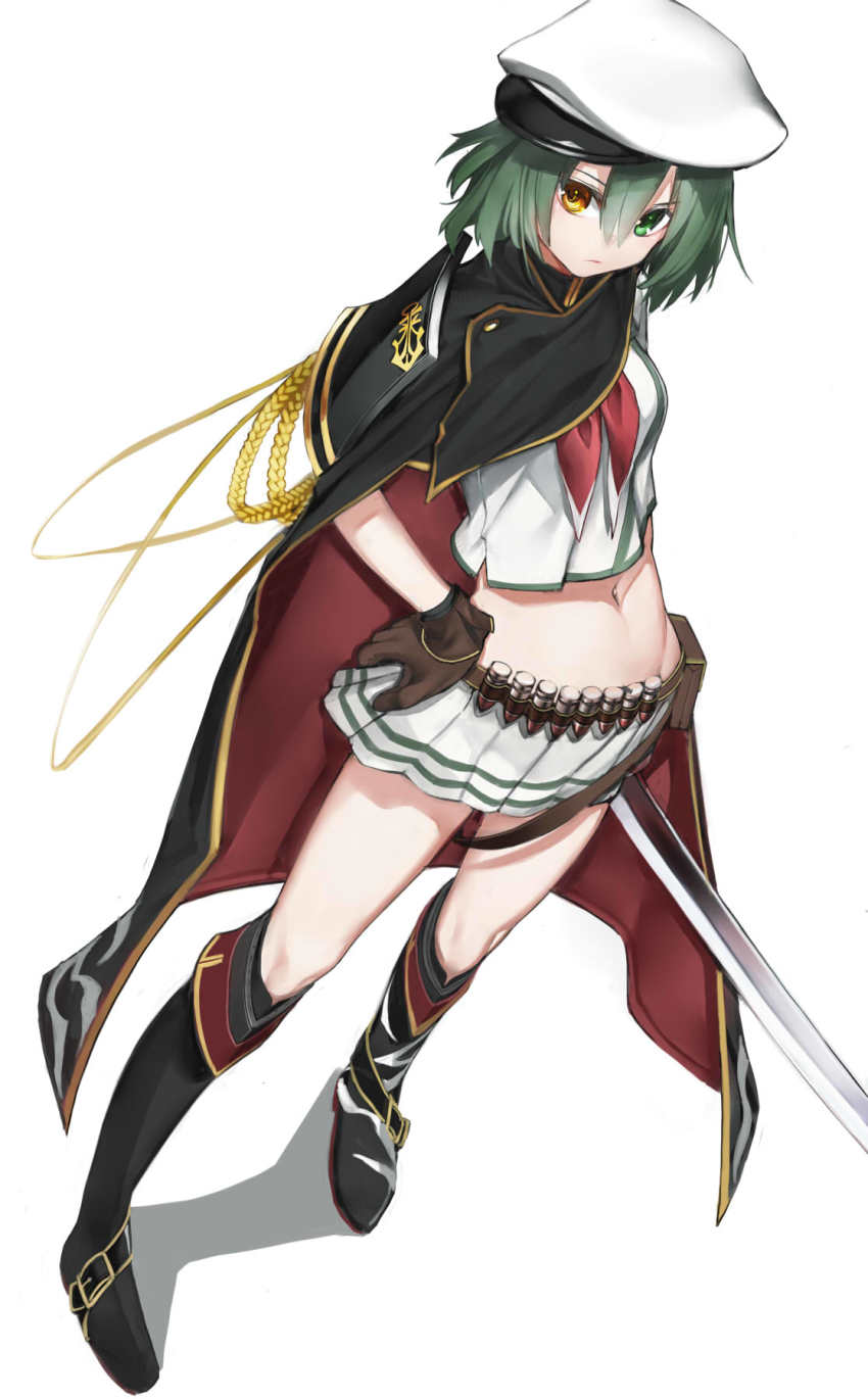 10s 1girl boots emokakimasu female_focus full_body gloves green_eyes green_hair hat heterochromia highres kantai_collection kiso_(kancolle) kiso_kai_ni_(kancolle) pleated_skirt school_uniform serafuku short_hair simple_background skirt solo sword weapon white_background white_skirt yellow_eyes