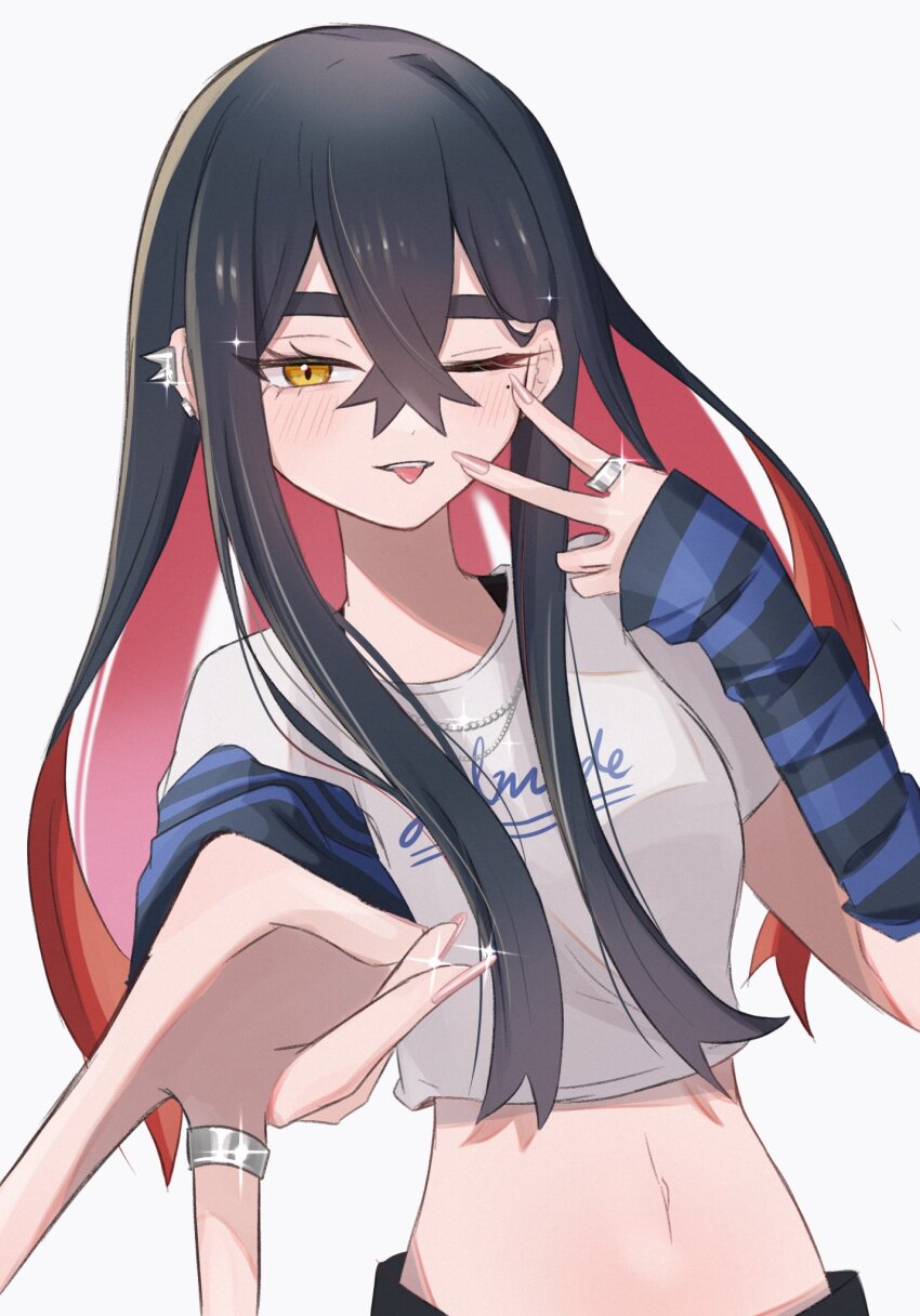 1girl black_hair blue_sleeves carmine_(pokemon) colored_inner_hair commentary_request creatures_(company) crop_top cropped_shirt crossed_bangs detached_sleeves game_freak glint hair_between_eyes hasu_175 highres midriff multicolored_hair navel nintendo one_eye_closed pokemon pokemon_sv print_shirt red_hair shirt simple_background sleeves_past_wrists solo striped_sleeves tongue tongue_out two-tone_hair upper_body v white_background white_shirt yellow_eyes