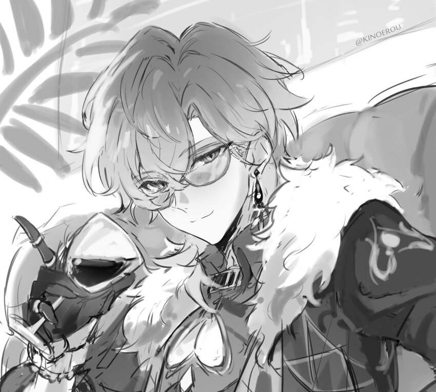 1boy aventurine_(honkai:_star_rail) black_gloves cup drinking_glass earrings fur_collar glass glasses gloves greyscale highres honkai:_star_rail honkai_(series) jewelry kinoerou looking_at_viewer male_focus monochrome short_hair single_earring smile solo upper_body wine_glass