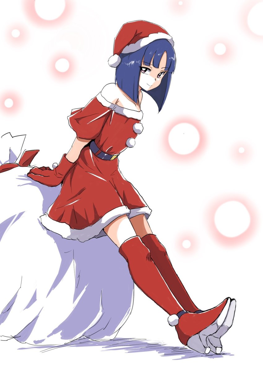 1girl blue_hair blunt_bangs blunt_ends bob_cut boots christmas closed_mouth commentary dress gloves hat highres leaning_forward looking_at_viewer off-shoulder_dress off_shoulder precure purple_eyes red_dress red_footwear red_gloves red_hat sack santa_dress santa_hat shadow shiratori_yuriko short_dress short_hair short_sleeves sitting smile solo thigh_boots thighhighs tropical-rouge!_precure uraki white_background