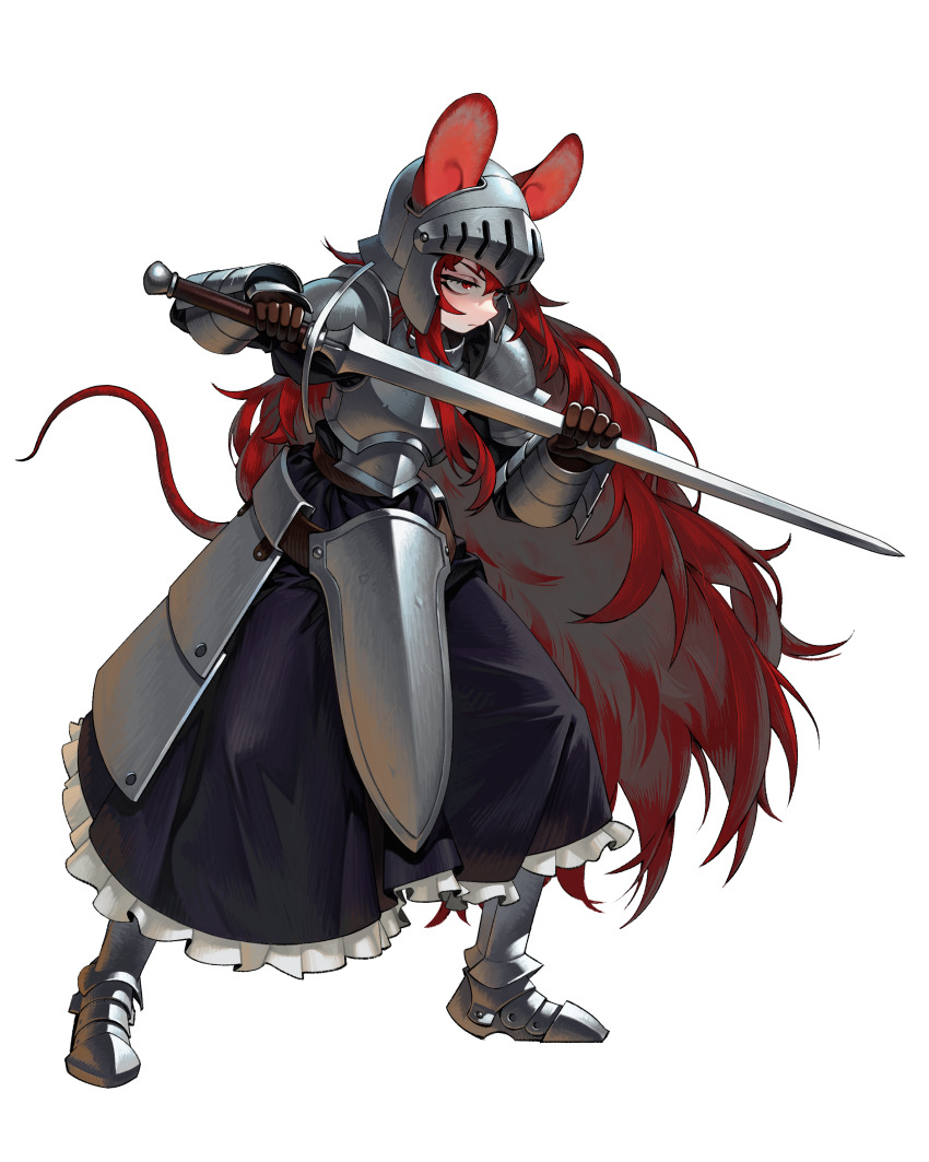 1girl absurdres animal_ears armor breastplate commentary full_body gemi_ningen gloves hair_between_eyes hair_ornament half-swording helmet highres holding holding_weapon long_hair mouse_ears mouse_tail plate_armor ratkin_(rimworld) red_eyes red_hair rimworld solo sword tail weapon white_background