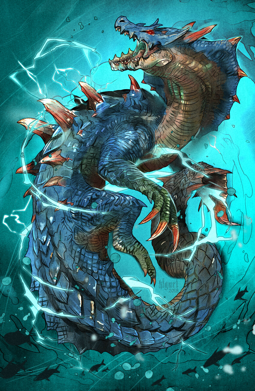 absurdres animal_focus artist_name blue_background claws commentary electricity english_commentary fins from_side full_body highres kiguri lagiacrus monster monster_hunter_(series) no_humans open_mouth red_eyes scales sharp_teeth simple_fish slit_pupils solo spikes teeth