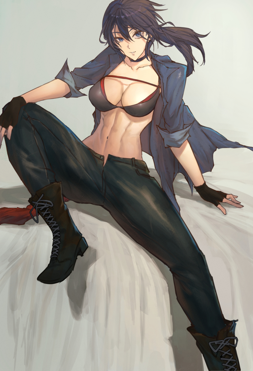 1girl abs absurdres black_hair blue_eyes boots bra breasts brown_boots denim fingerless_gloves gloves highres jacket jeans large_breasts madoro_q midriff muscular muscular_female navel open_clothes open_fly open_jacket original pants ponytail sitting solo stomach toned underwear