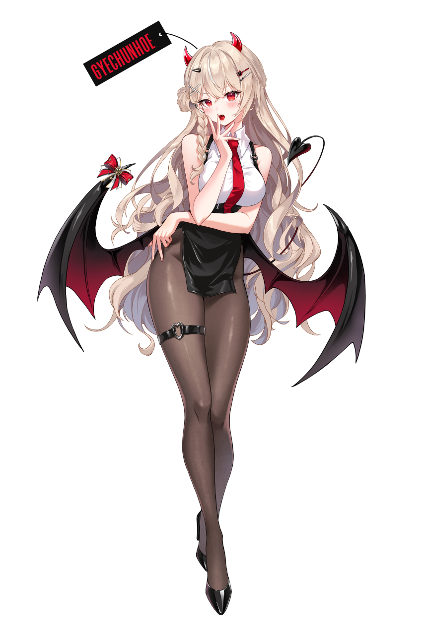 1girl absurdres black_footwear black_skirt black_wings bow braid breasts character_request collared_shirt copyright_request demon_girl demon_horns demon_tail demon_wings hair_ornament hairclip heart_o-ring high_heels highres horns long_hair minj_kim necktie o-ring o-ring_thigh_strap open_mouth pantyhose red_bow red_eyes red_horns red_necktie shirt skirt sleeveless sleeveless_shirt solo tail thigh_strap white_shirt wings