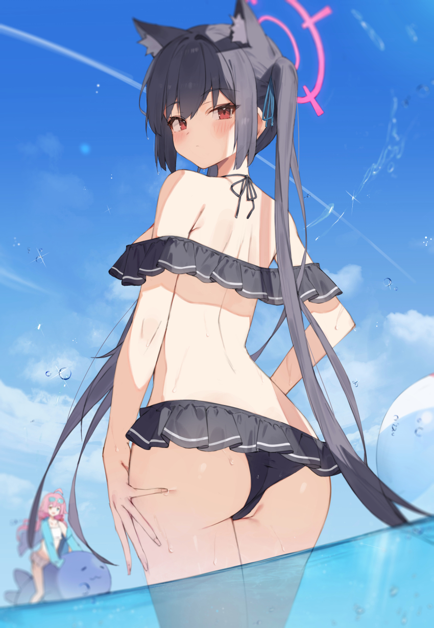 absurdres animal_ears ass bare_shoulders black_hair blue_archive cat_ears frills halo hand_on_own_thigh highres hoshino_(blue_archive) hoshino_(swimsuit)_(blue_archive) looking_at_viewer official_alternate_costume pink_hair red_eyes serika_(blue_archive) serika_(swimsuit)_(blue_archive) swimsuit taht_(that_is_mm) thighs tube twintails