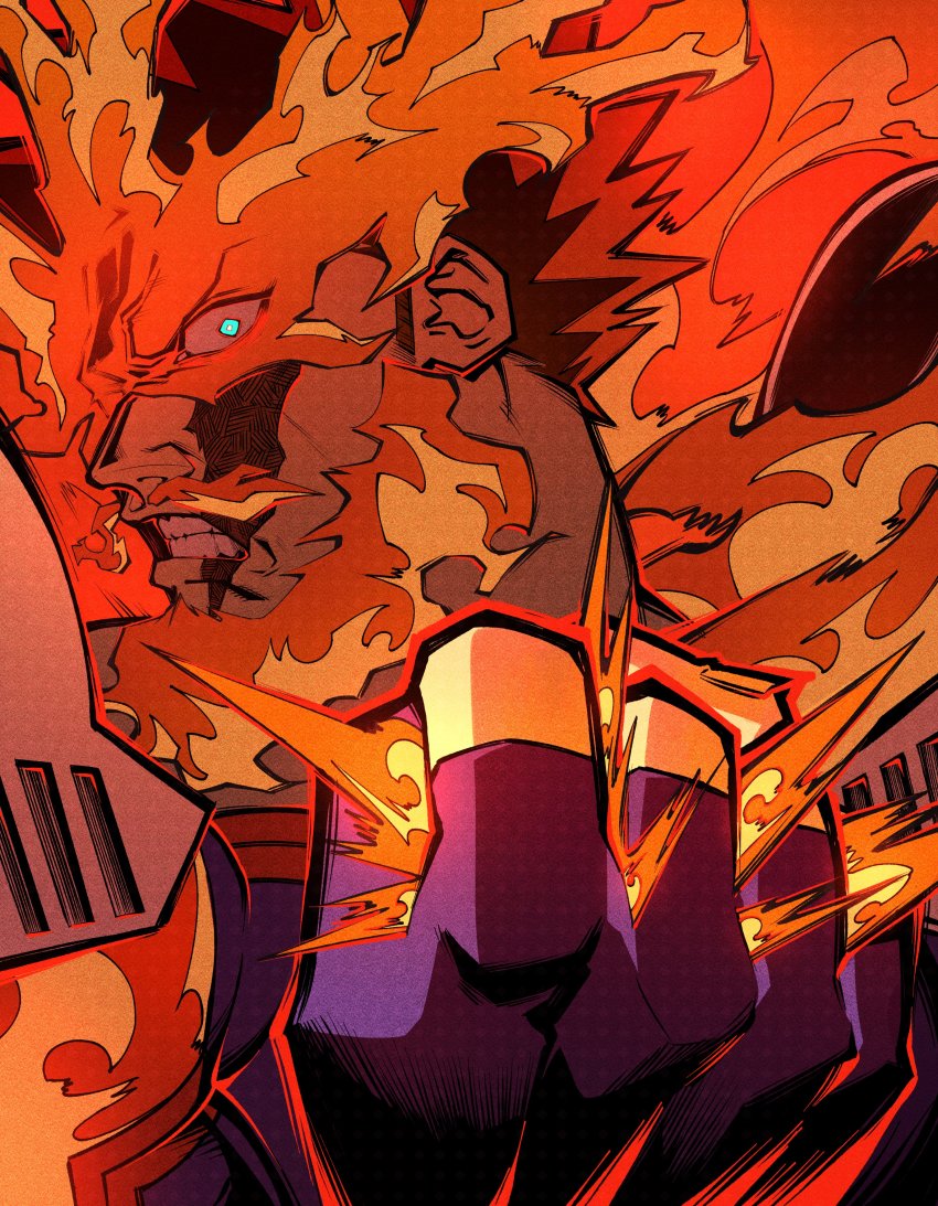 1boy absurdres blood blood_on_face blue_bodysuit bodysuit boku_no_hero_academia clenched_hand endeavor_(boku_no_hero_academia) fiery_hair fighting_stance fire glowing glowing_eye highres looking_at_viewer male_focus obarii serious short_hair solo upper_body