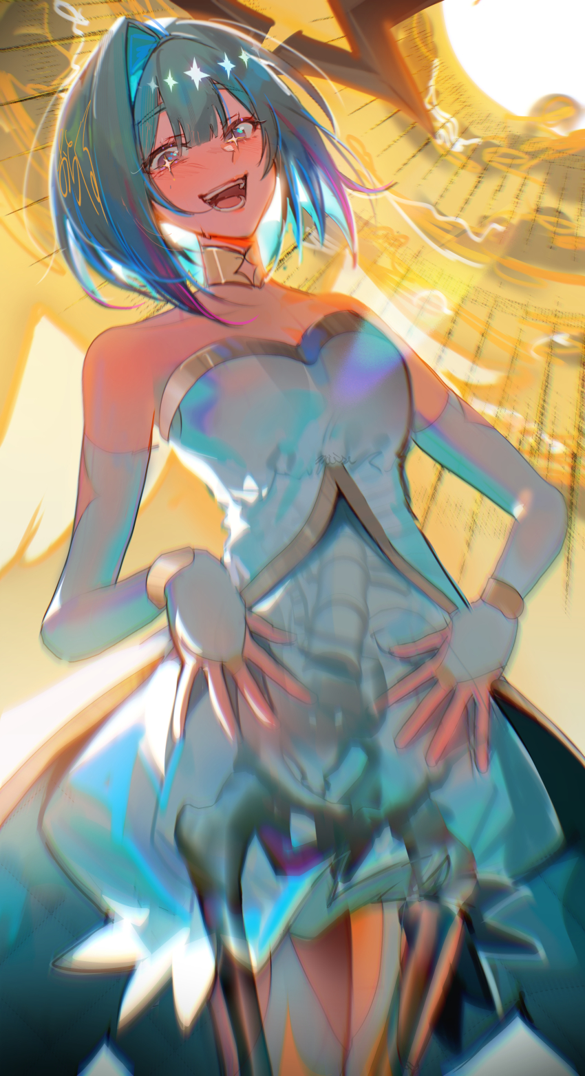 +_+ 1girl absurdres alternate_costume amane_kanata bare_shoulders blue_hair bob_cut breasts bridal_gauntlets colored_inner_hair commentary_request crazy_eyes crazy_smile dress elbow_gloves gloves grey_hair halo hand_on_own_stomach highres hololive jewelry layered_dress looking_at_viewer misu_(miisuuu) multicolored_hair neck_ring pink_hair puffy_dress purple_eyes short_dress short_hair single_hair_intake skeleton small_breasts smile solo star_halo strapless strapless_dress streaked_hair sun virtual_youtuber white_dress white_gloves