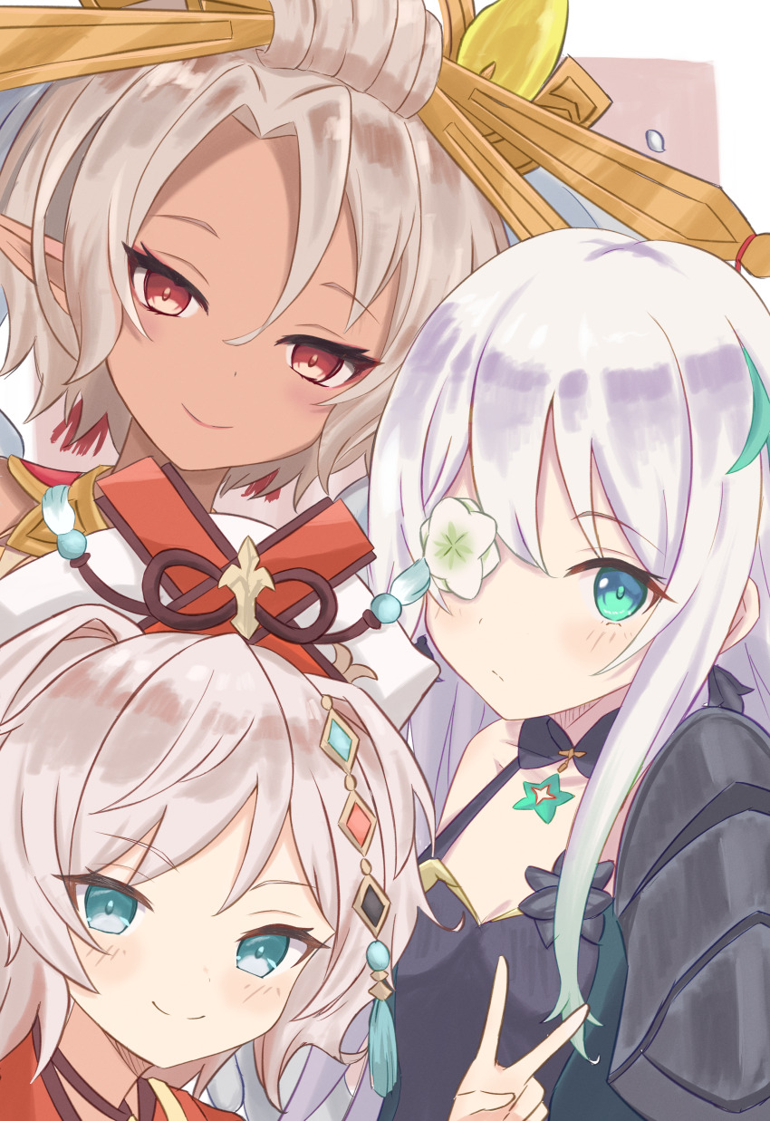 1717inamin 3girls absurdres anemone_(flower) anemone_(princess_connect!) armor flower flower_eyepatch flower_in_eye flower_over_eye green_eyes grey_flower grey_hair highres multiple_girls nefi=nera pointy_ears princess_connect! red_eyes red_ribbon resplendent_phoenix_(shadowverse) ribbon shoulder_armor symbol_in_eye v white_hair