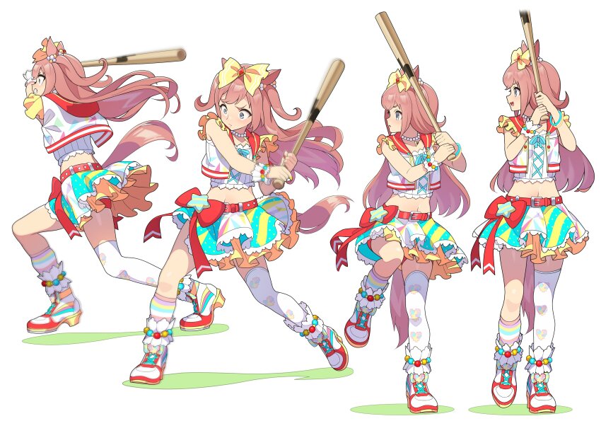 1girl absurdres agnes_digital_(umamusume) animal_ears anklet asymmetrical_legwear baseball_bat blue_eyes bow bracelet full_body hair_bow highres holding holding_baseball_bat horse_ears horse_girl horse_tail jewelry long_hair looking_to_the_side midriff multiple_views navel nishiki_kazue open_mouth shirt simple_background single_wrist_cuff skirt sleeveless sleeveless_shirt swinging tail thighhighs umamusume white_background white_footwear white_thighhighs wrist_cuffs yellow_bow