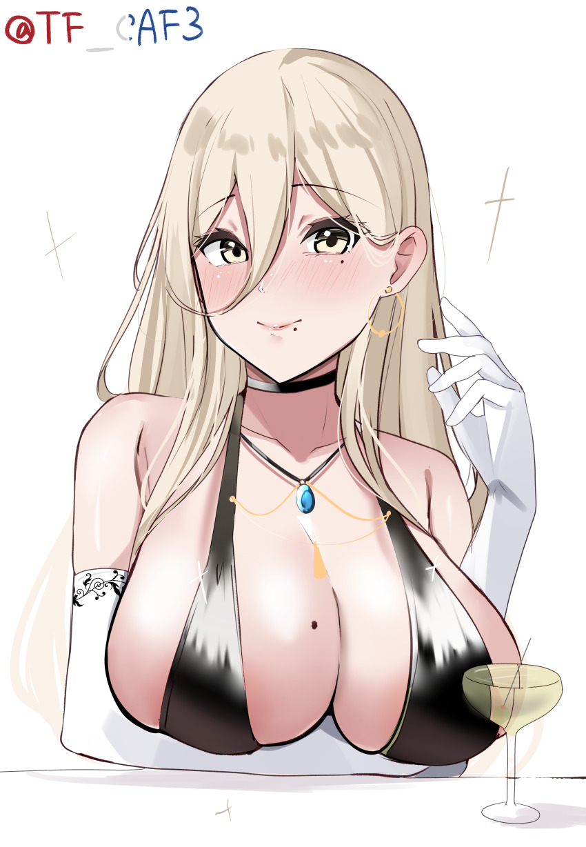 1girl absurdres alcohol black_dress blonde_hair blue_eyes breasts champagne cleavage cocktail_dress cup dress drinking_glass elbow_gloves formal_clothes gloves hair_between_eyes highres huge_breasts kantai_collection long_hair mole mole_on_breast mole_under_eye richelieu_(kancolle) smile solo tf_cafe upper_body white_gloves