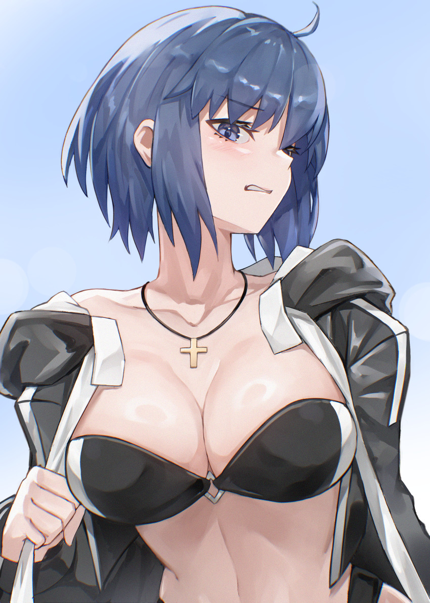 1girl absurdres bikini black_bikini blue_eyes blue_hair ciel_(tsukihime) cross cross_necklace disgust highres jacket jewelry necklace open_clothes open_jacket short_hair swimsuit tsukihime umeo_(pixiv51103813)