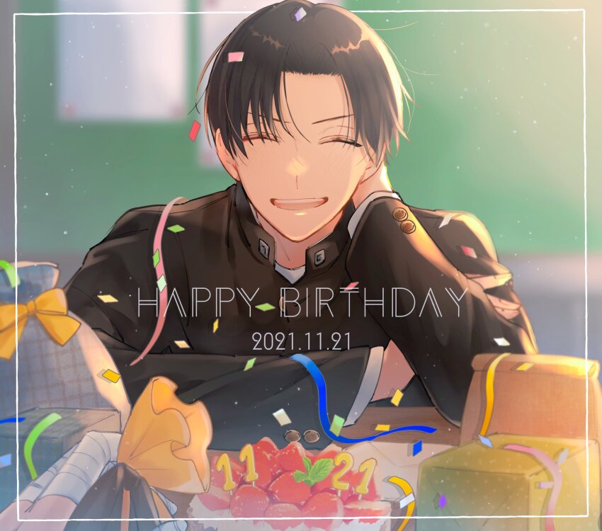 2021 2boys arm_up bandaged_fingers bandages black_jacket blurry blurry_background border box brown_hair buttoned_cuffs buttons cake closed_eyes collared_jacket commentary_request confetti dated elbow_rest food fruit gakuran gift gift_box hand_on_own_neck happy_birthday highres holding holding_gift jacket kiri_se kuroko_no_basuke layered_sleeves long_sleeves male_focus midorima_shintarou multiple_boys open_mouth out_of_frame parted_bangs ribbon school_uniform sitting smile solo_focus strawberry takao_kazunari teeth upper_teeth_only yellow_ribbon