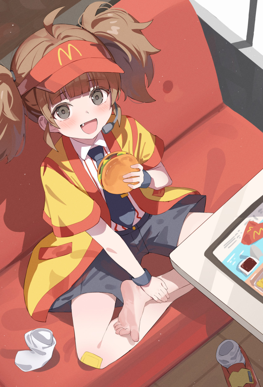 1girl barefoot bitseon blush brown_eyes brown_hair burger feet highres imadakedabuchi_tabemi long_hair looking_at_viewer mcdonald&#039;s open_mouth shoes socks soles toes twintails unworn_shoes unworn_socks visor_cap white_socks