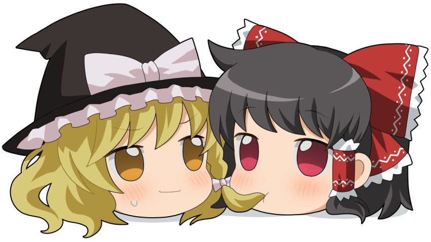 2girls blonde_hair blush bow braid closed_mouth eating_hair hair_bow hair_tubes hakurei_reimu hat head_only kirisame_marisa kura_(xxcracy) long_hair multiple_girls red_bow side_braid simple_background smile touhou white_background witch_hat yellow_eyes yukkuri_shiteitte_ne