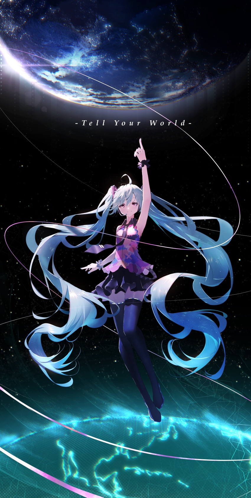 1girl absurdly_long_hair absurdres ahoge aqua_hair arm_up armpits black_skirt black_thighhighs boots dress earth_(planet) floating_hair full_body hatsune_miku highres index_finger_raised long_hair looking_at_viewer masii1120 necktie planet pointing pointing_up skirt sleeveless solo space thigh_boots thighhighs twintails very_long_hair vocaloid wrist_cuffs zettai_ryouiki