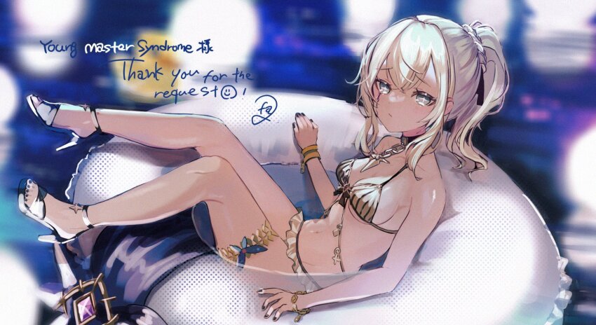 1girl bikini black_nails black_tears blonde_hair blue_eyes blurry blurry_background blush breasts celestine_(letmebid) cleavage closed_mouth commission commissioner_name cross-shaped_pupils fa2_(etu831) frilled_bikini frills full_body gem hair_ornament highres innertube long_hair looking_at_viewer medium_breasts nail_polish navel original ponytail purple_gemstone sandals signature skeb_commission solo swim_ring swimsuit symbol-shaped_pupils thank_you thigh_strap water white_innertube yellow_bikini