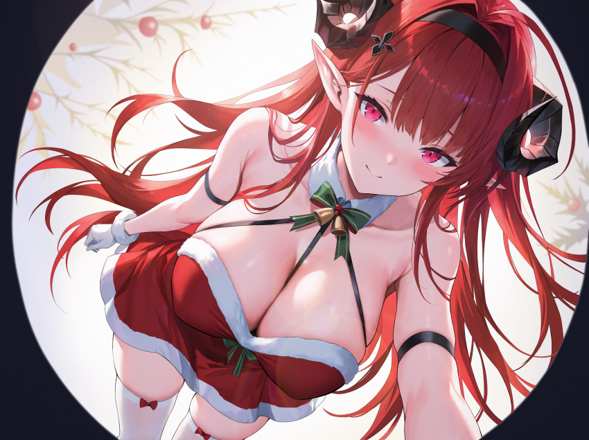 1girl absurdres azur_lane breasts cleavage curled_horns cyp3a2 dress fur-trimmed_dress fur_trim gloves highres hindenburg_(azur_lane) horns huge_breasts long_hair looking_at_viewer outstretched_arm over-kneehighs purple_eyes red_dress red_hair santa_costume santa_dress solo thighhighs very_long_hair white_gloves