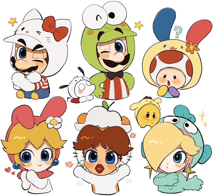 3boys 3girls blonde_hair blue_eyes brown_hair corocorokuririn cosplay earrings facial_hair hangyodon hello_kitty_(character) hello_kitty_(character)_(cosplay) highres jewelry kero_kero_keroppi kuromi kuromi_(cosplay) luigi luigi&#039;s_mansion luigi&#039;s_mansion:_dark_moon mario mario_(series) mimimi_(mimimim9999) multiple_boys multiple_girls mustache my_melody nintendo one_eye_closed onegai_my_melody open_mouth polterpup princess_daisy princess_peach rosalina sanrio smile toad_(mario) usahana usahana_(cosplay)