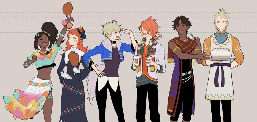 3boys 3girls ahoge antenna_hair black_leggings black_pants blonde_hair blue_eyes bunet_(fire_emblem) crop_top dark-skinned_female dark_skin fire_emblem fire_emblem_engage fogado_(fire_emblem) food fur-trimmed_jacket fur_trim hahm0106 hair_ornament high_ponytail holding holding_food holding_tray jacket leggings looking_at_viewer meat merrin_(fire_emblem) messy_hair midriff multiple_boys multiple_girls nintendo open_mouth orange_hair pandreo_(fire_emblem) panette_(fire_emblem) pants ponytail short_bangs short_hair side_ponytail smile timerra_(fire_emblem) tray very_dark_skin