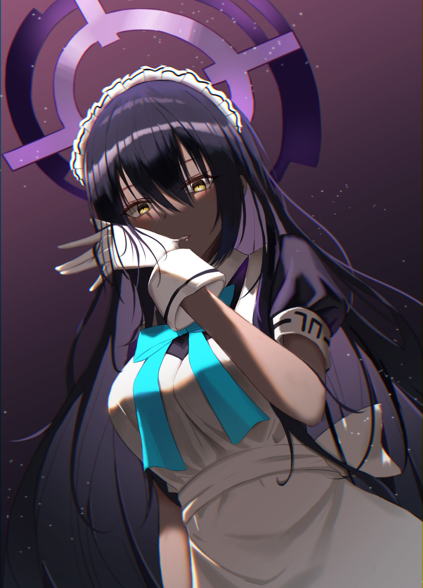 1girl absurdres adjusting_clothes adjusting_gloves apron black_hair blue_archive blue_bow blue_bowtie bow bowtie dark dark-skinned_female dark_skin dutch_angle gloves hair_between_eyes halo highres karin_(blue_archive) light_particles long_bangs long_hair looking_at_viewer maid maid_apron maid_headdress okey puffy_short_sleeves puffy_sleeves short_sleeves solo upper_body white_apron white_gloves wrist_cuffs