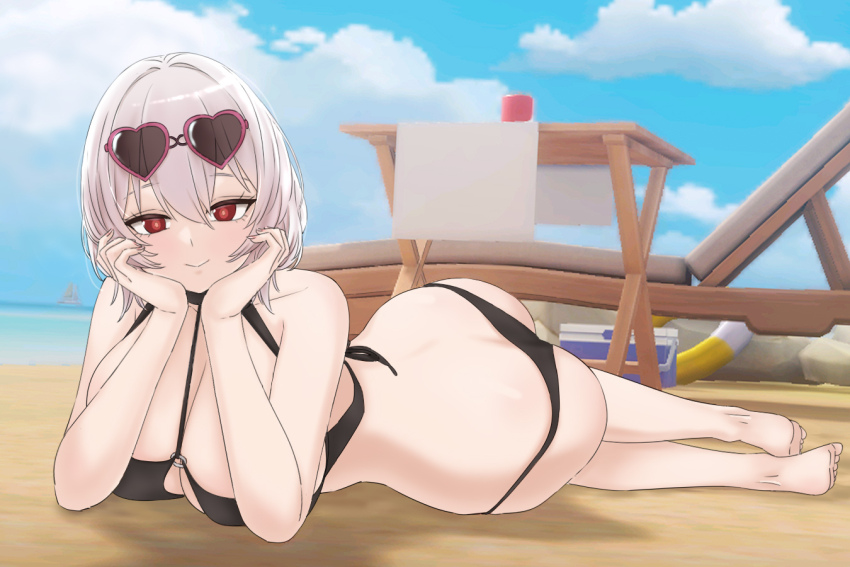 1girl ass azur_lane barefoot beach beach_chair bikini black_bikini bob_cut breasts eyewear_on_head gameplay_mechanics innertube large_breasts looking_at_viewer oukama red_eyes screenshot_background sirius_(azur_lane) sirius_(scorching-hot_seirios)_(azur_lane) sunglasses swim_ring swimsuit white_hair