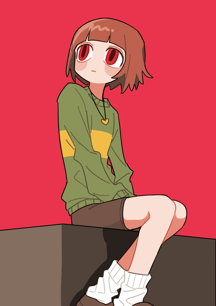 1other absurdres androgynous blunt_bangs blush_stickers brown_hair brown_shorts chara_(undertale) child expressionless feet_out_of_frame green_sweater heart_pendant highres long_sleeves looking_afar no_nose other_focus pink_background red_eyes sanpaku short_hair shorts sitting socks solo sweater tadeno undertale white_socks