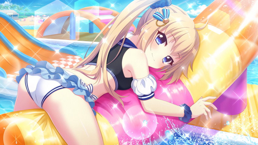 1girl ahoge alternate_hairstyle ass beach beach_house bikini blue_eyes blue_scrunchie blue_sky blush bow closed_mouth cloud day detached_sleeves dot_nose film_grain frilled_bikini frills from_side game_cg hair_ornament hair_scrunchie high_side_ponytail itsumura_haruka izumi_tsubasu lens_flare light_brown_hair long_hair looking_at_viewer mismatched_bikini non-circular_lens_flare non-web_source ocean official_art outdoors palm_tree re:stage! scrunchie side-tie_bikini_bottom sky slide smile solo sparkle striped_bow swimsuit tree umbrella water waterpark white_bow wrist_scrunchie