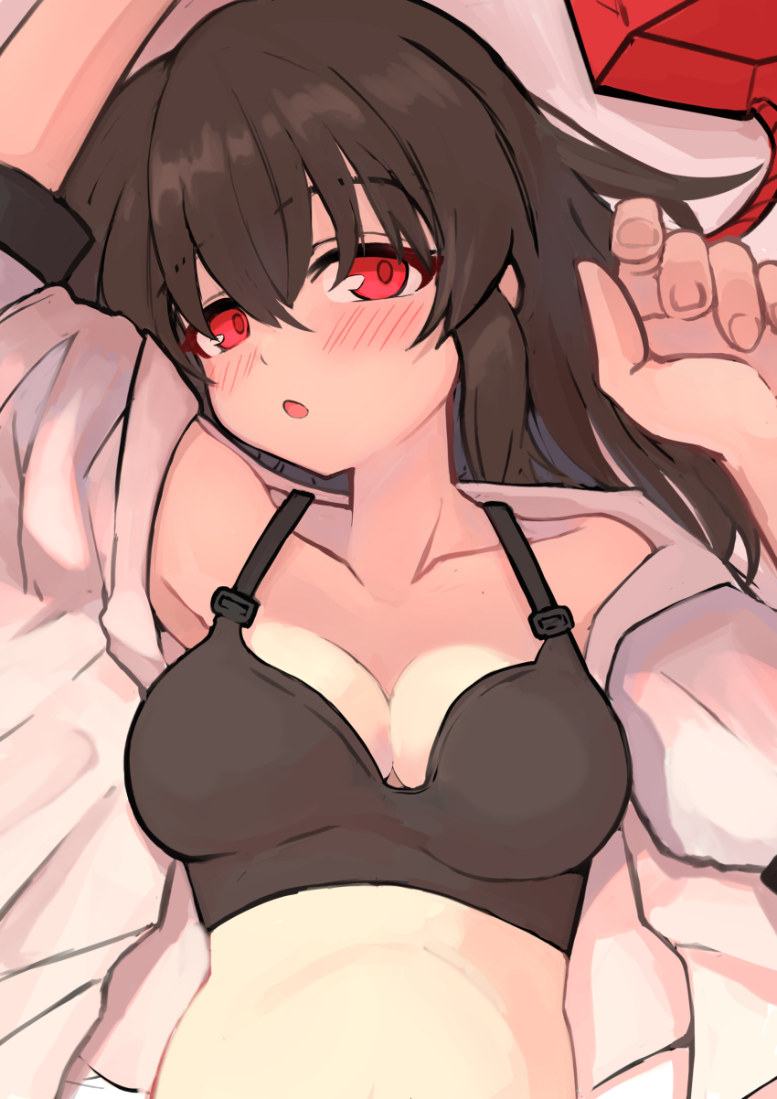 1girl absurdres bed belly black_bra black_hair blush bra breasts cleavage hat highres looking_at_viewer on_bed open_mouth red_eyes red_hat shameimaru_aya short_hair solo tengu tokin_hat touhou underwear unworn_hat unworn_headwear yuuka_(a0240765)