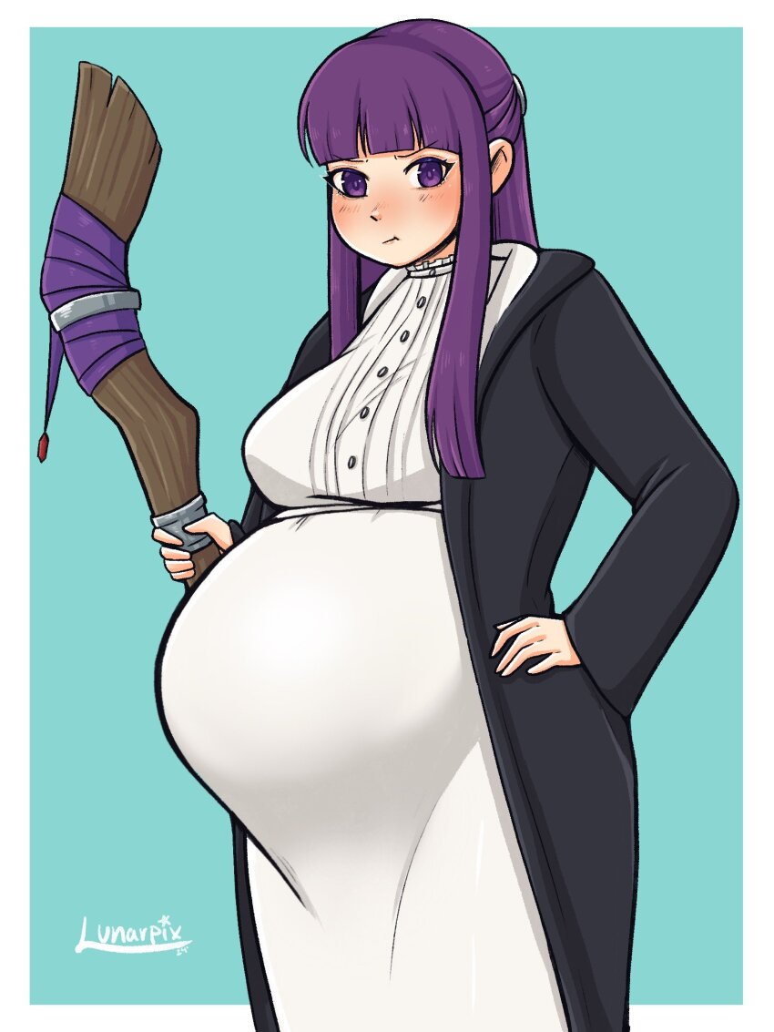 1girl artist_logo artist_name belly big_belly border breasts fern_(sousou_no_frieren) highres logo lunarpix_(artist) pregnant purple_eyes purple_hair solo sousou_no_frieren stomach white_border