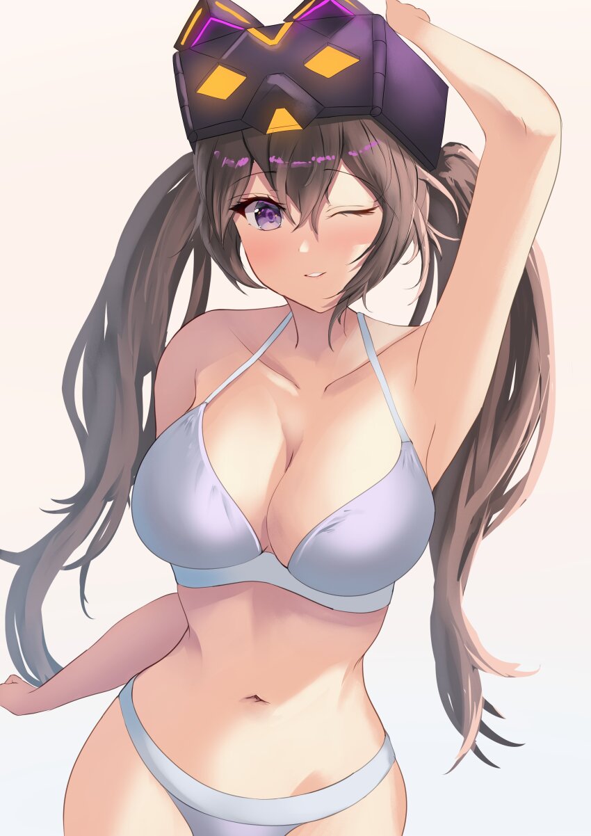 1girl absurdres arerex bra breasts brown_hair collarbone cowboy_shot duel_monster highres i:p_masquerena large_breasts long_hair panties purple_eyes simple_background solo twintails underwear white_background white_bra white_panties yu-gi-oh!