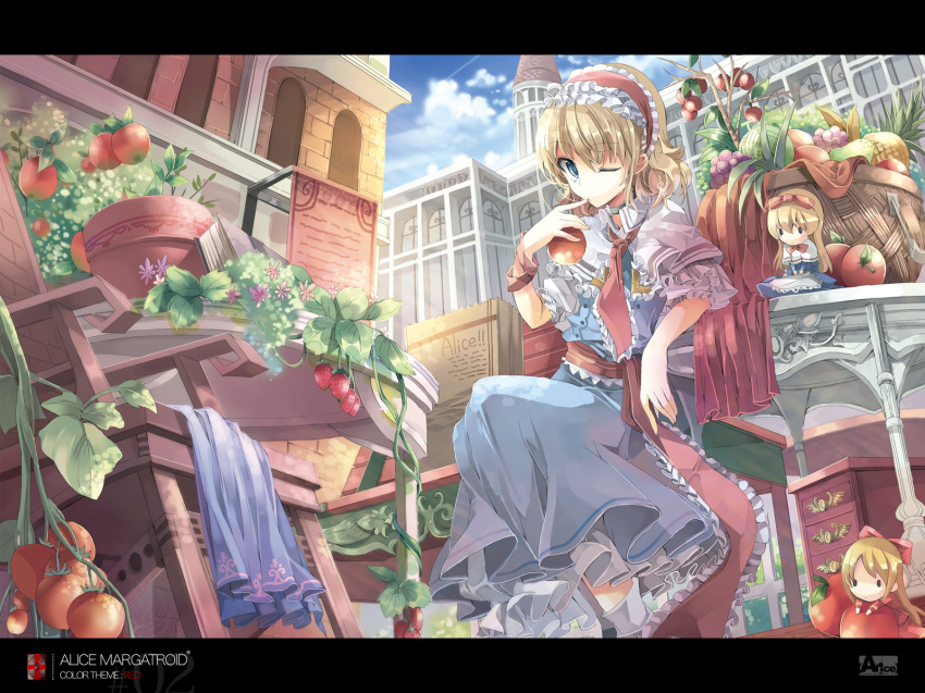 1girl alice_margatroid apple blonde_hair blue_eyes building capelet chair doll female_focus food fruit fruit_punch grapes hairband highres hourai_doll letterboxed one_eye_closed pineapple plant potted_plant shanghai_doll short_hair solo strawberry tomato touhou vines wink